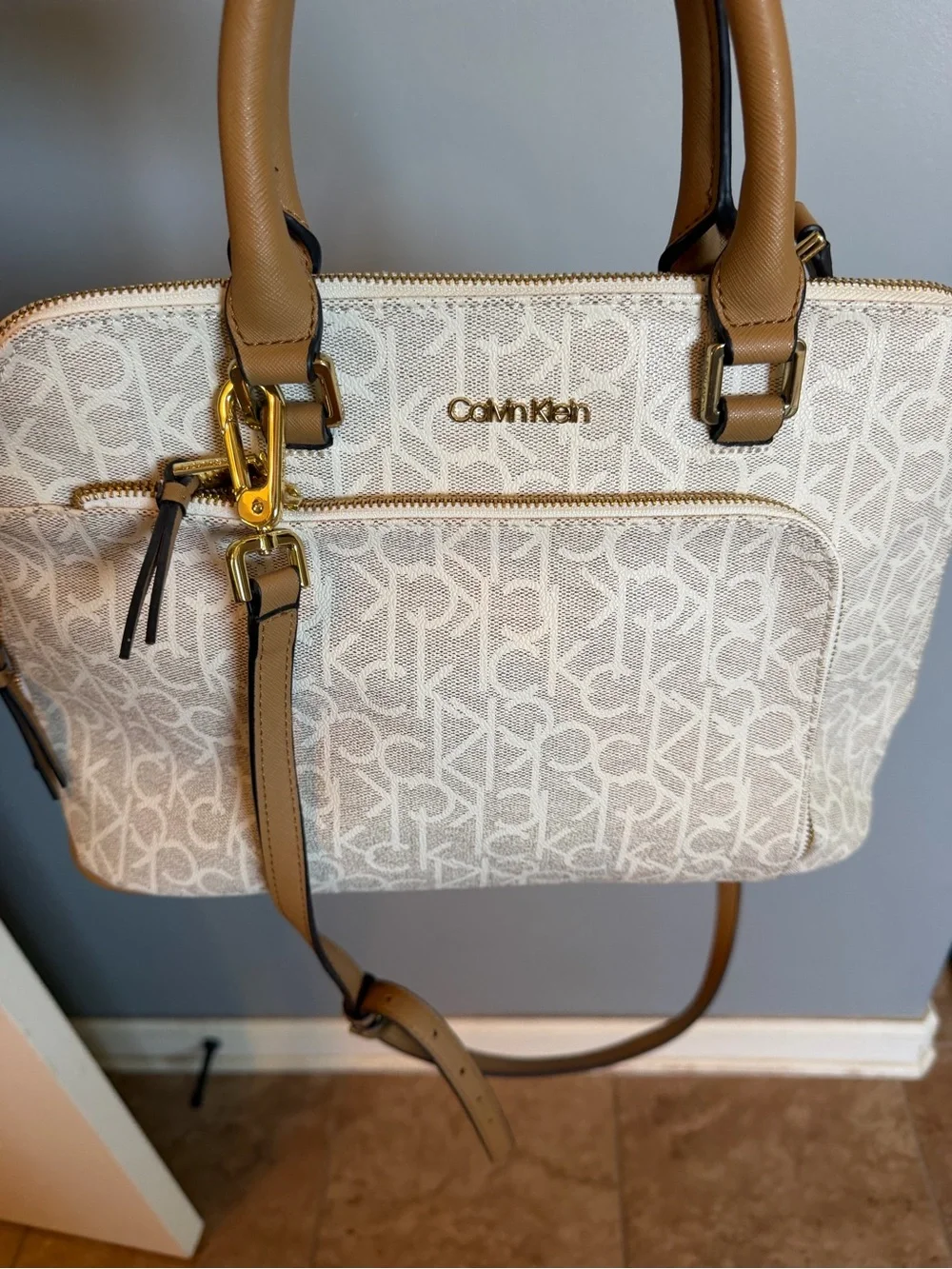 Calvin Klein Cream Logo Satchel with Brown Trim and Gold Hardware